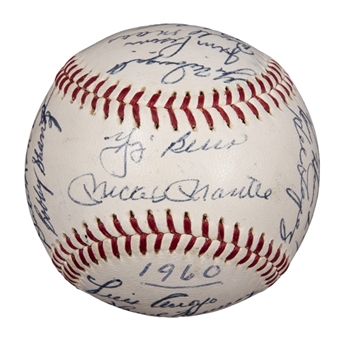 High Grade 1960 American League Champion New York Yankees Team Signed OAL Cronin Baseball With 28 Signatures Including Mantle, Maris, Berra & Howard (Beckett)